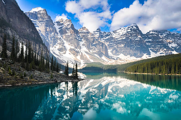 A turquoise glacial lake surrounded by massive coniferous forests and snow-capped peaks